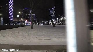 Naked babe, Jeny Smith is walking down the street, while a horny voyeur is making a video