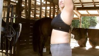 Naked lady rubbing her Boobs Riding a horse