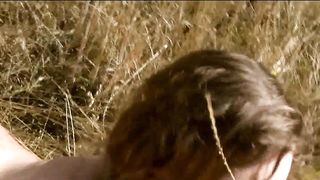 Naked lady rubbing her Boobs Riding a horse