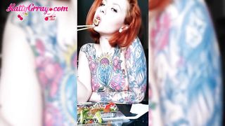 Horny Tattooed Girl Eats Naked and Plays with Tits - Solo