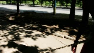 Spectacular jeans Cut-Offs Side jug and Nip glide during pitbull walk in the city