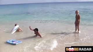 Super-Hot lesbos are bare and liking on the beach, while people are gazing at them