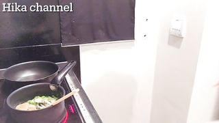 Asian Girl in the kitchen makes hot soup for you (Downblouse Category)