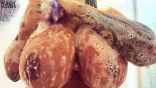 Black wet boobs in white foam. Busty video in bathroom