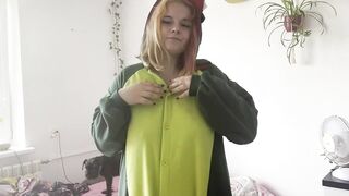 Pierced tits show in dino onesie