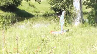 Outside. Naughty beach. Random passerby dude by sea spotted nude dame sunbathing. Outdoor. Naturist