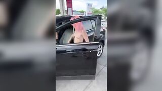 Ultra-Cute exhib breezies getting fuel at engaged gas station in the middle of the day