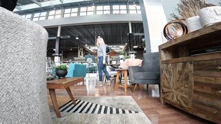 Pierced Mounds on Demonstrate While Furniture Shopping - Public Funbags Demonstrate - Braless Under Jacket