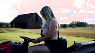 Chubby Busty Girl. Topless Woman Riding On Aa Tractor